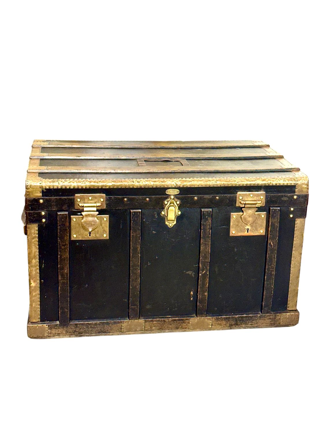 Malle de voyage française Belle Époque en toile noire et laiton, vers 1912