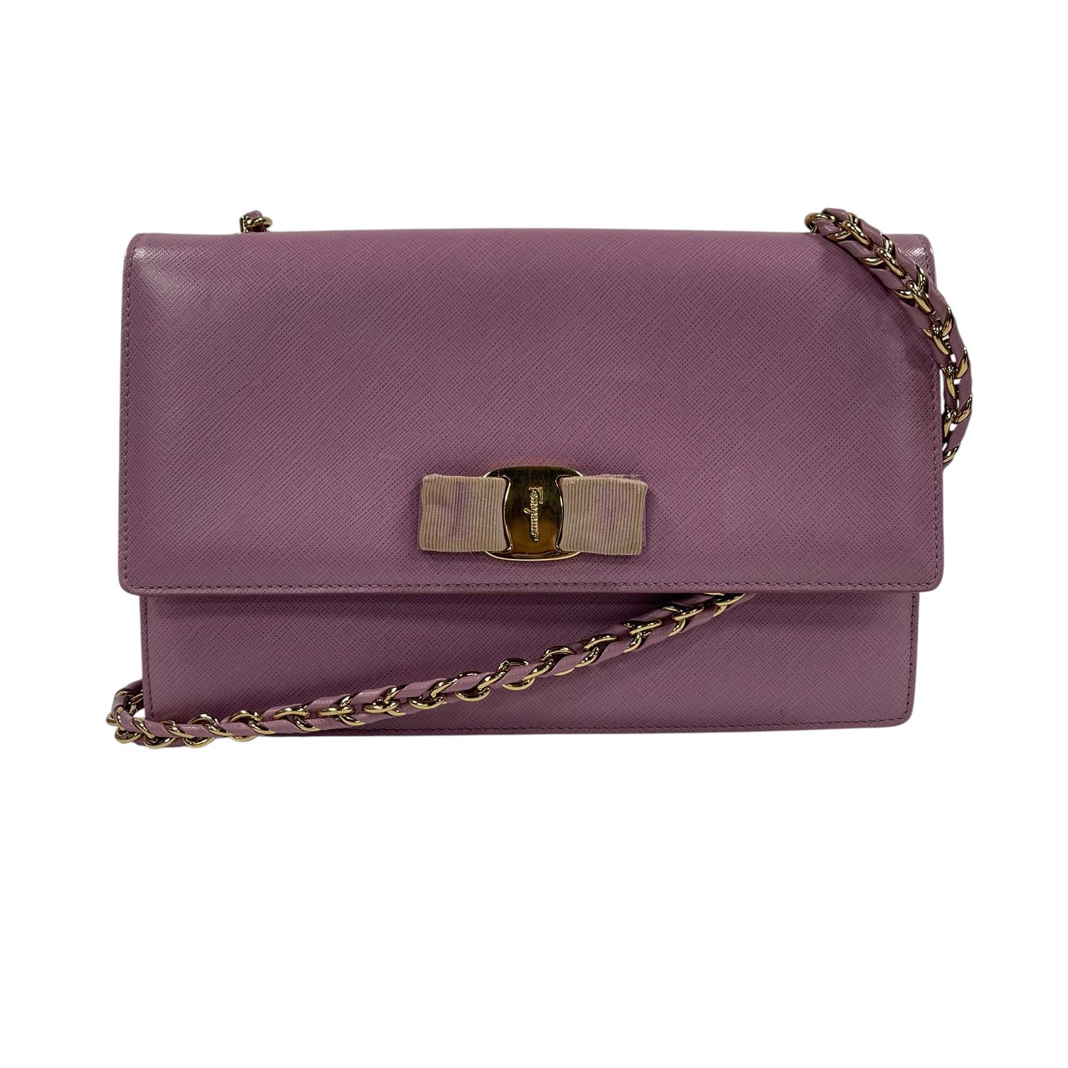 SALVATORE FERRAGAMO GINNY VARA BOW CHAIN SHOULDER BAG BY SALVATORE FERRAGAMO MAUVE PINK