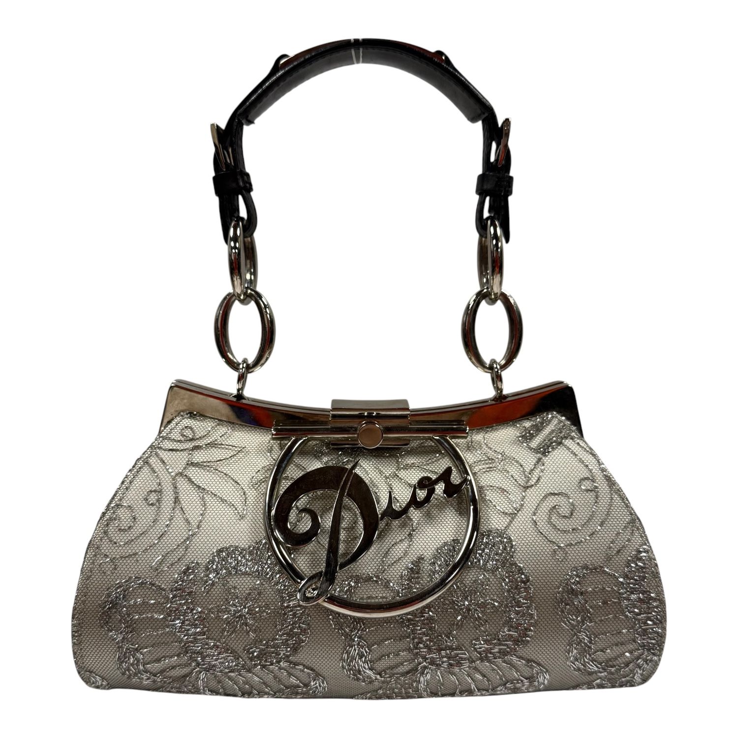 CHRISTIAN DIOR VINTAGE SILVER FLORAL EMBROIDERED MESH SHOULDER BAG JOHN GALLIANO  2004