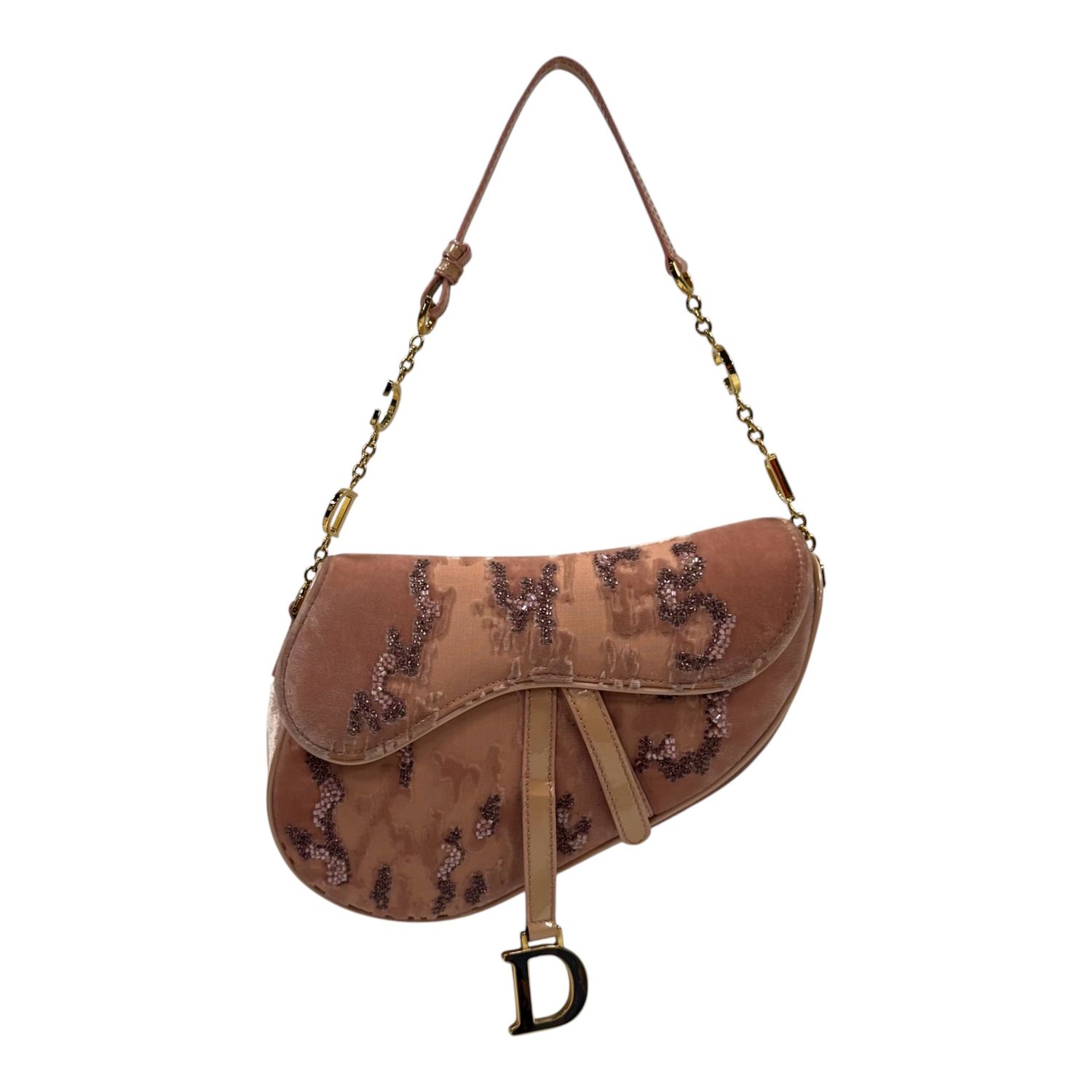 CHRISTIAN DIOR LIMITED EDITION 0116 PINK VELVET BEADED SADDLE BAG JOHN GALLIANO 2005
