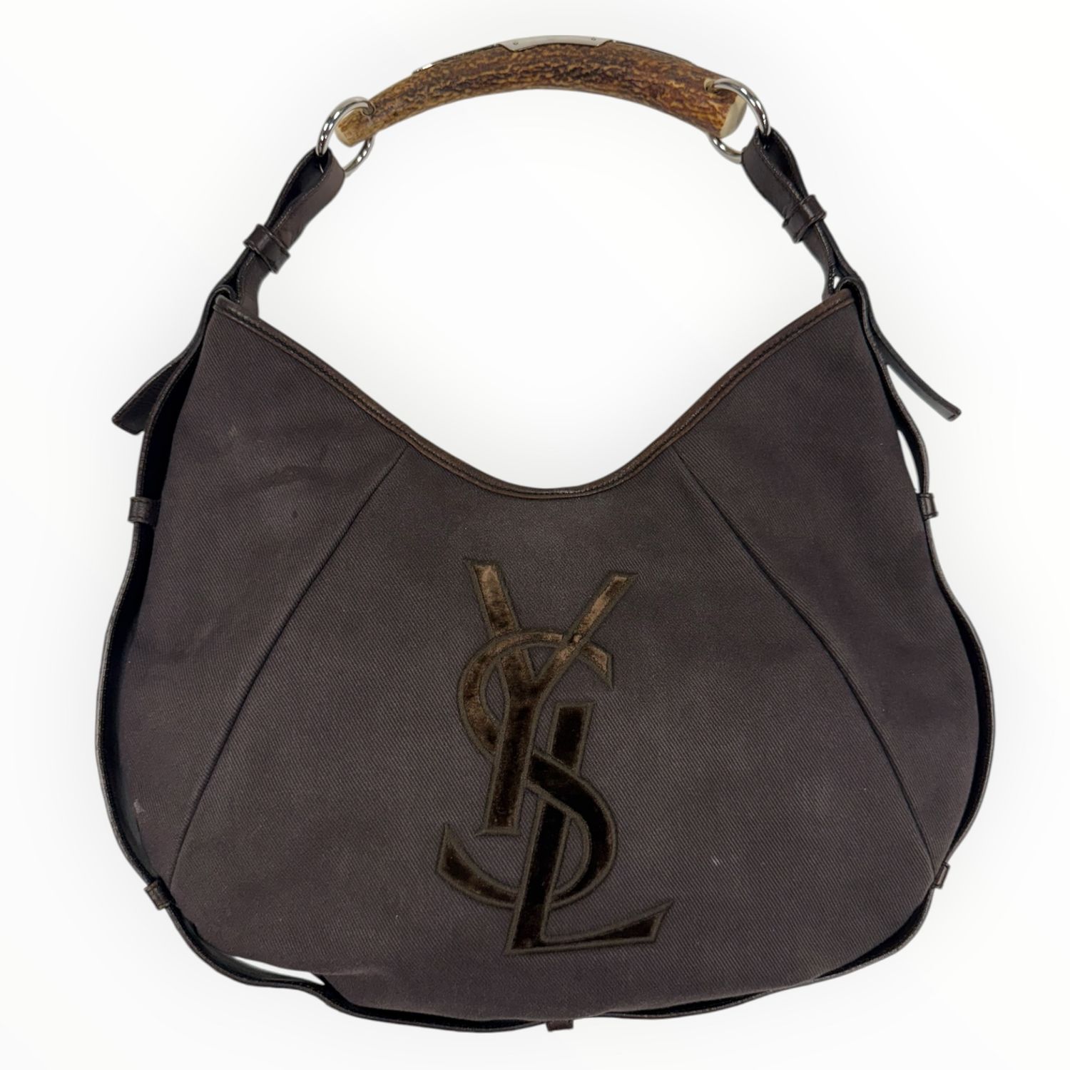 YVES SAINT LAURENT YSL BROWN CANVAS MOMBASA HOBO SHOULDER BAG WITH HORN HANDLE
