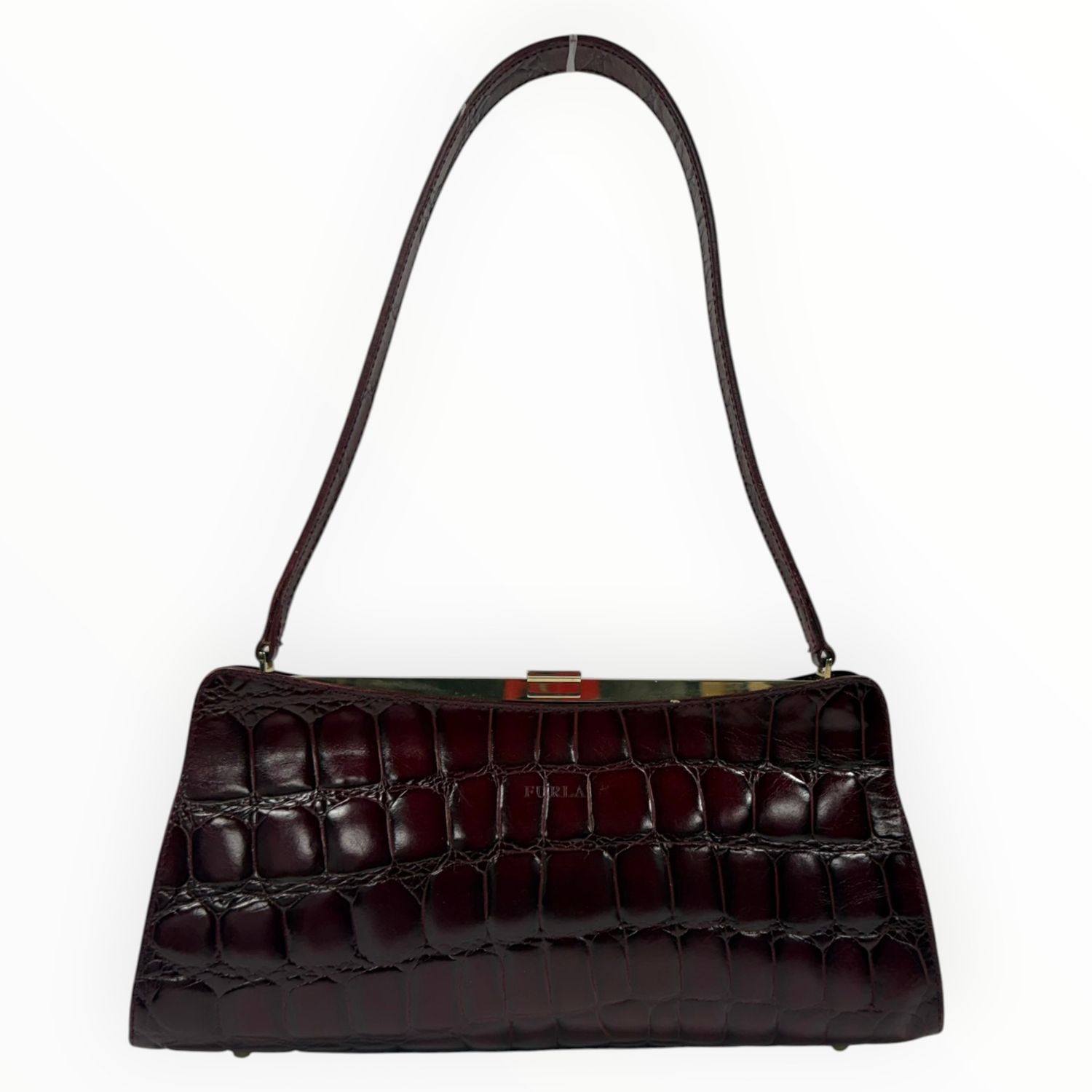 FURLA BURGUNDY CROC-EMBOSSED LEATHER SHOULDER BAG WITH GOLD-TONE FRAME