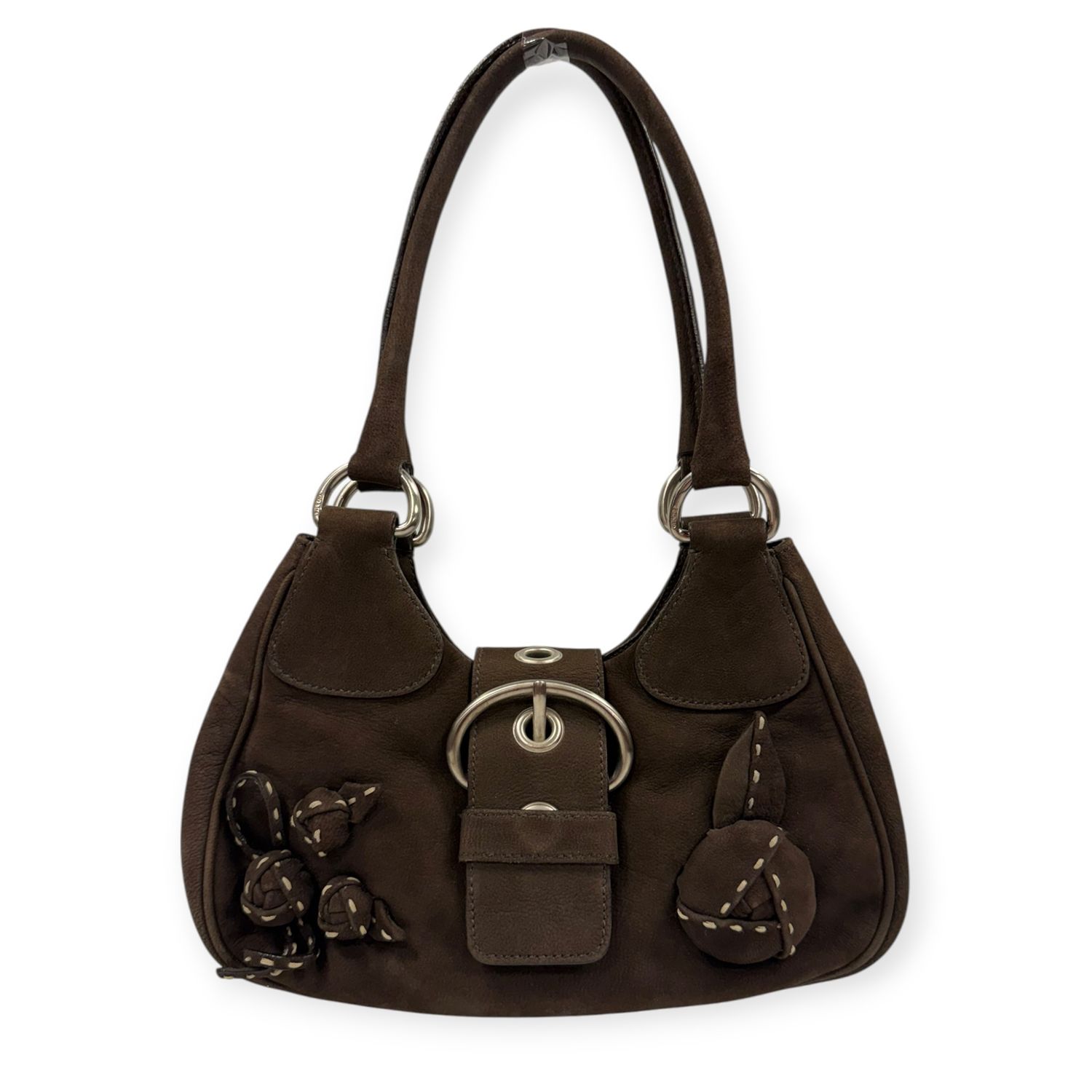 PRADA BROWN SUEDE LEATHER FLORAL APPLIQUÉ SHOULDER BAG