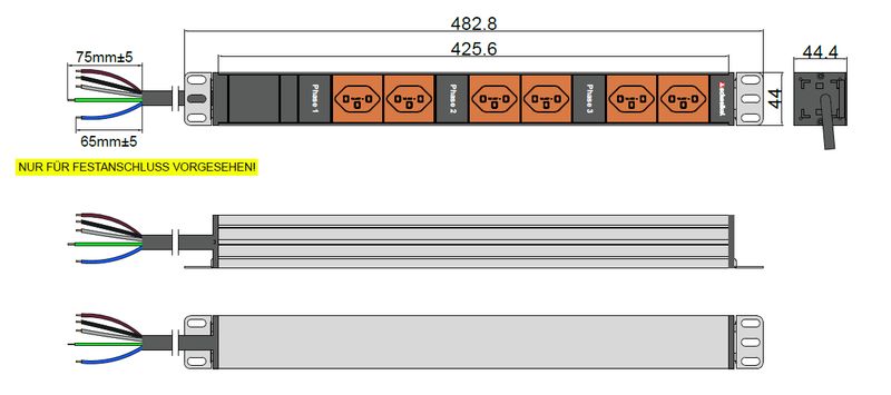 Steckdosenleiste 19" 1HE, 6 x T23 orange, 3-Phasig