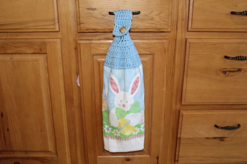 Easter Bunny Hanging Kitchen Towel with Blue Crochet Top – Spring Bunny Dish Towel with Egg & Floral Design