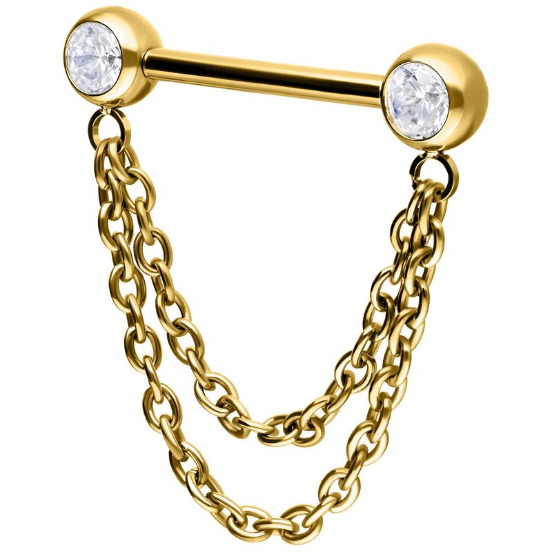 Titanium Threadless Jewelled Nipple Barbell With Double Chain Gold PVD