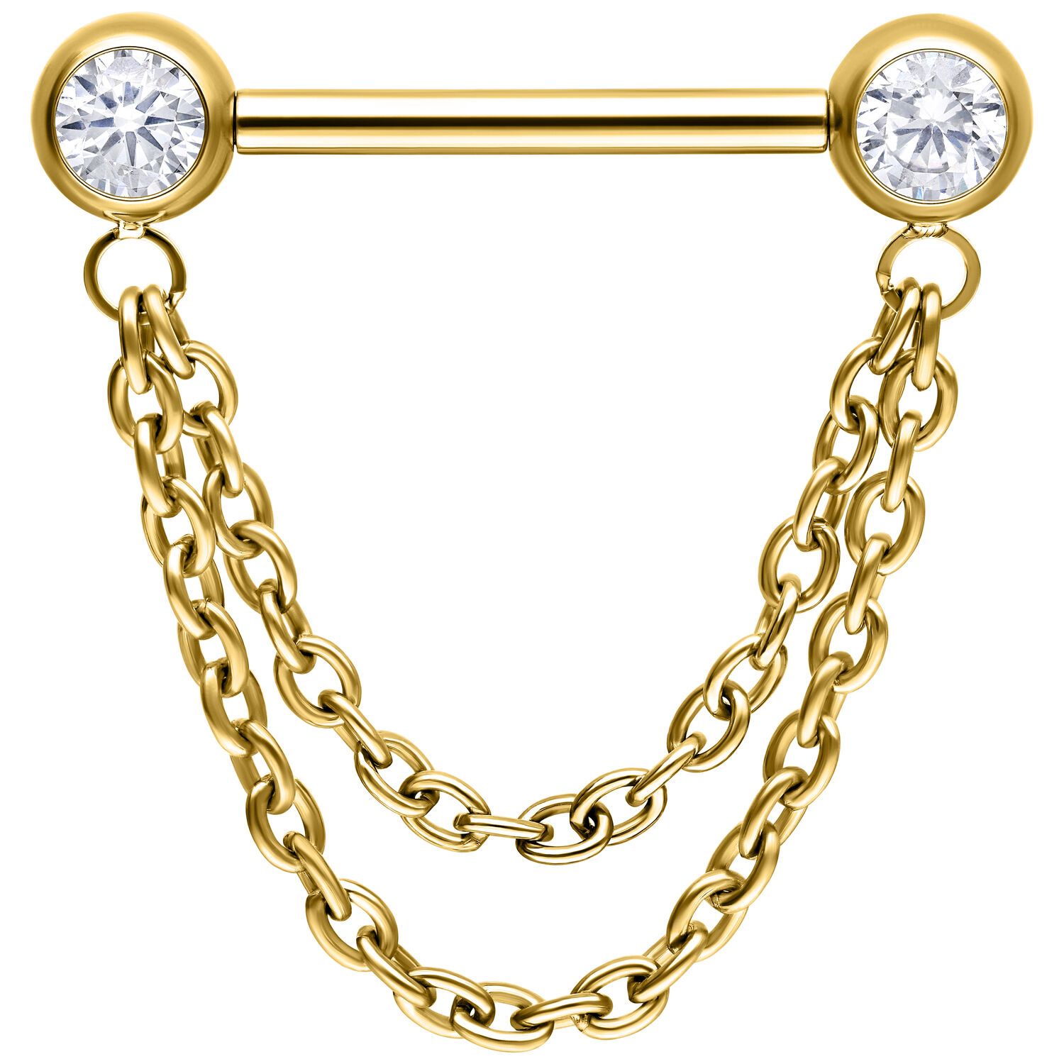 Titanium Threadless Jewelled Nipple Barbell With Double Chain Gold PVD