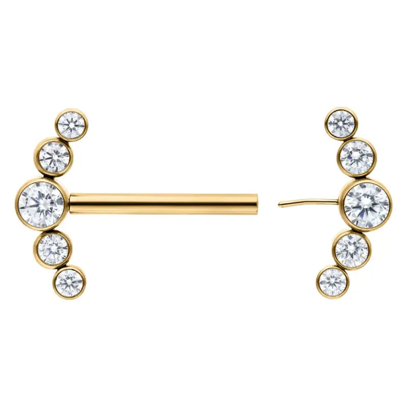 Titanium Threadless Gem Curved Cluster Nipple Barbell Gold PVD