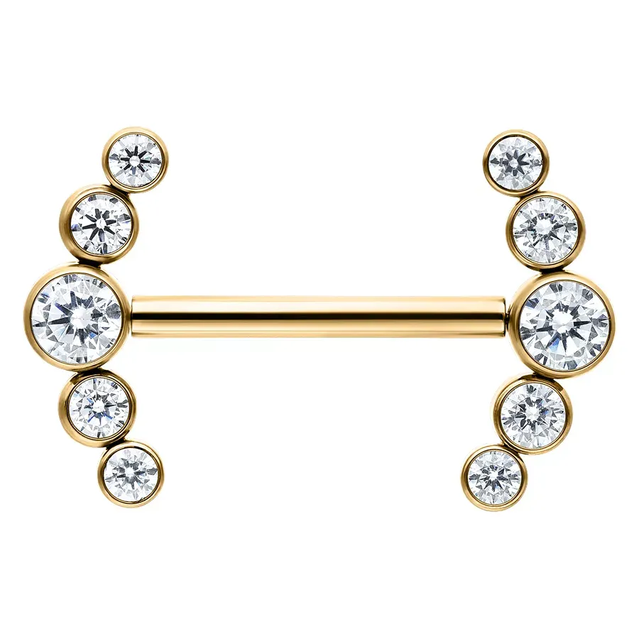 Titanium Threadless Gem Curved Cluster Nipple Barbell Gold PVD Titanium Threadless Gem Curved Cluster Nipple Barbell Gold PVD