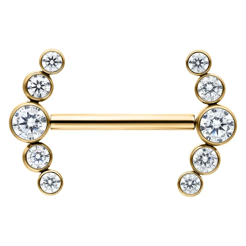 Titanium Threadless Gem Curved Cluster Nipple Barbell Gold PVD