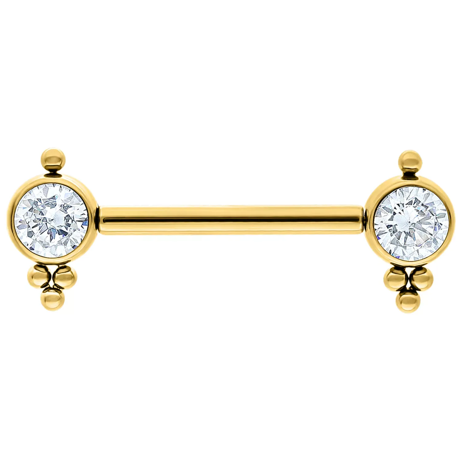 Titanium Threadless Bezel Set Gem & Bead Accent Nipple Barbell Gold PVD