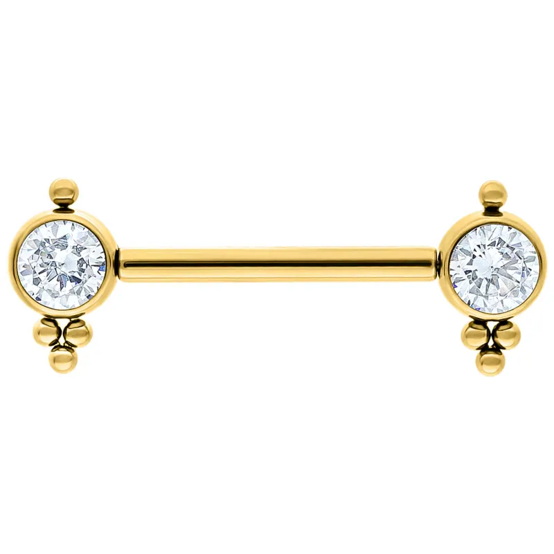 Titanium Threadless Bezel Set Gem & Bead Accent Nipple Barbell Gold PVD