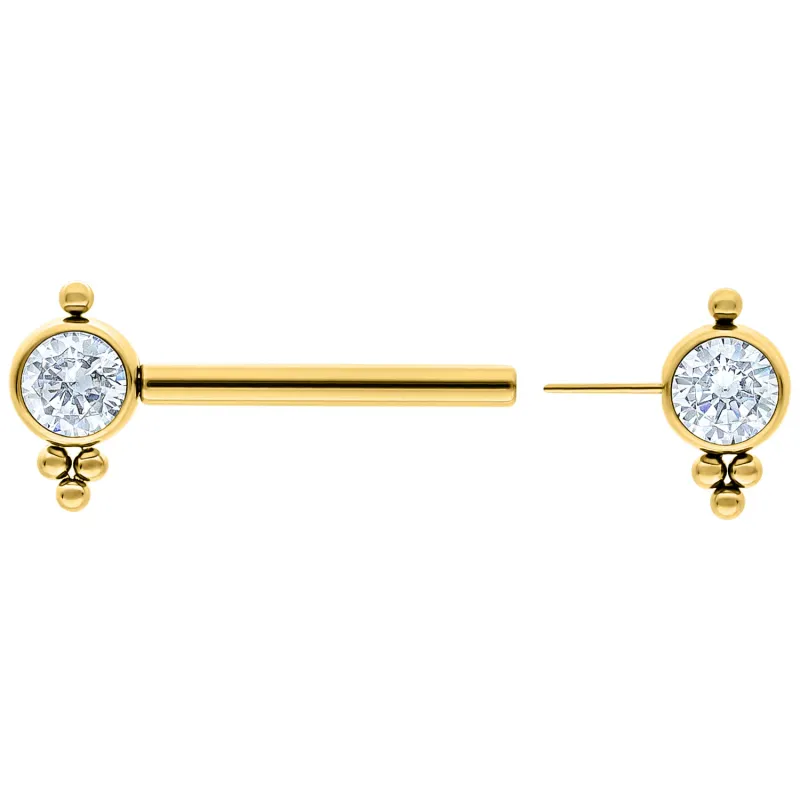 Titanium Threadless Bezel Set Gem & Bead Accent Nipple Barbell Gold PVD