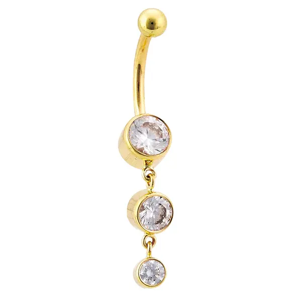 Body Gems 14K Solid Yellow Gold Navel Curve - Bezel Set CZ &  Two Bezel Dangles CZ