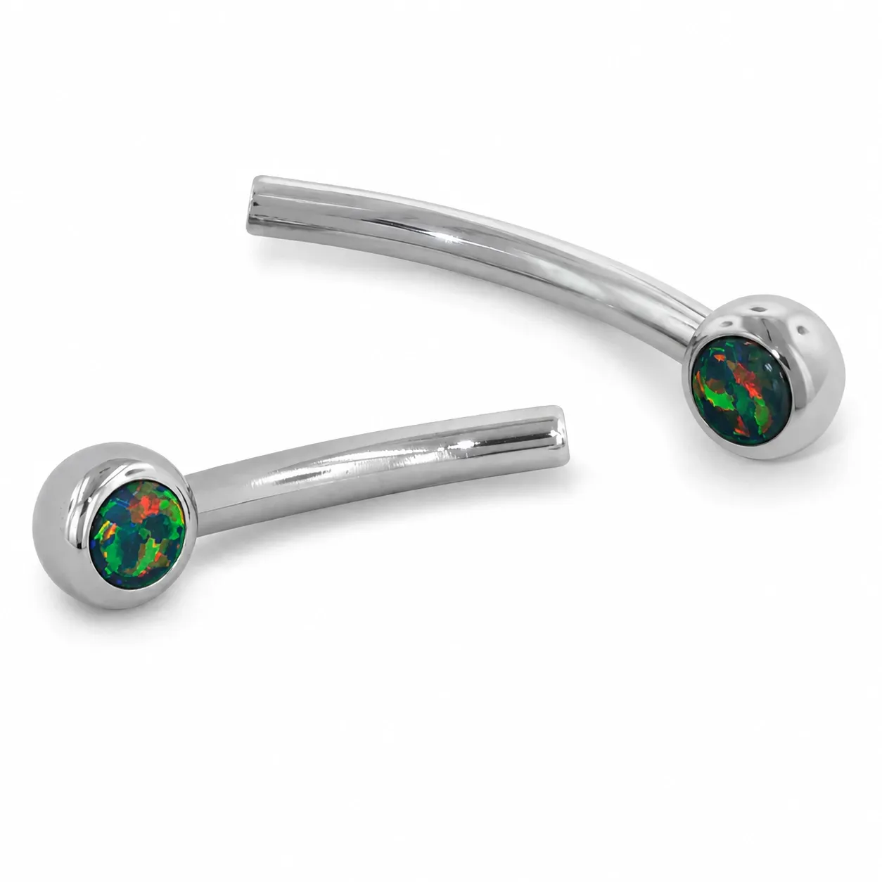 Neometal Threadless Jewelled Mini Curved Barbell - Fauxpal Cabochon Black Opal