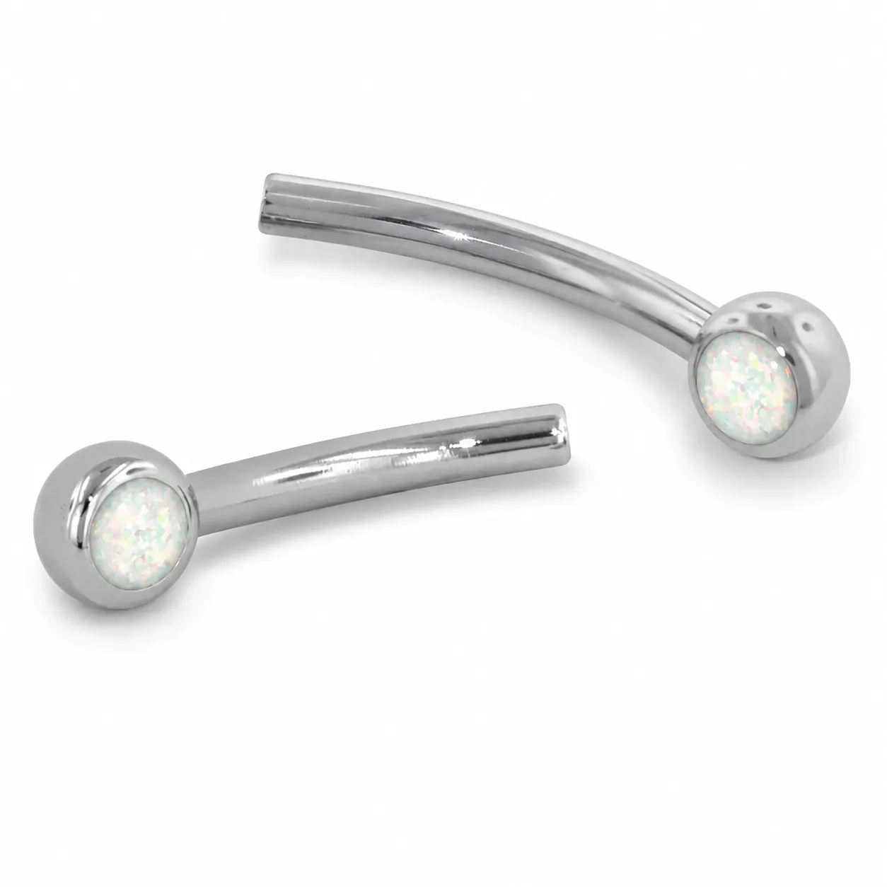 Neometal Threadless Jewelled Mini Curved Barbell - Fauxpal Cabochon White Opal Neometal Threadless Jewelled Mini Curved Barbell - Fauxpal Cabochon White Opal