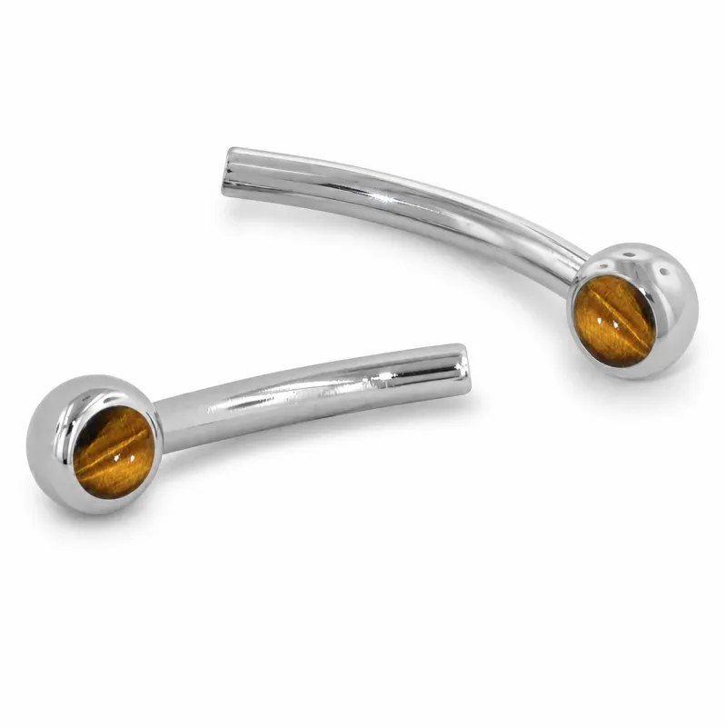 Neometal Threadless Jewelled Mini Curved Barbell - Natural Stone Cabochon Tiger's eye