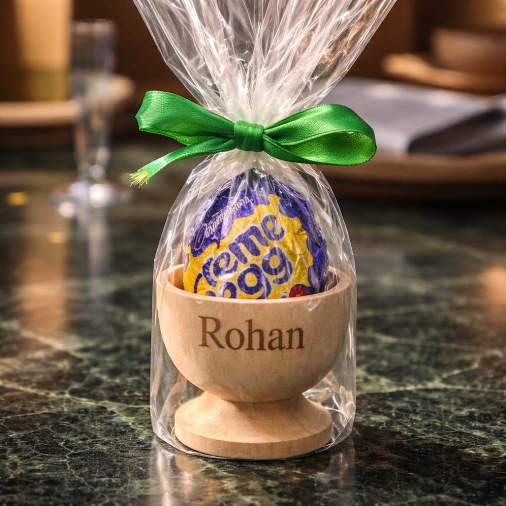 Engraved wooden Easter egg cup with custom name, gift‑wrapped with a Cadbury Creme Egg and green satin ribbon