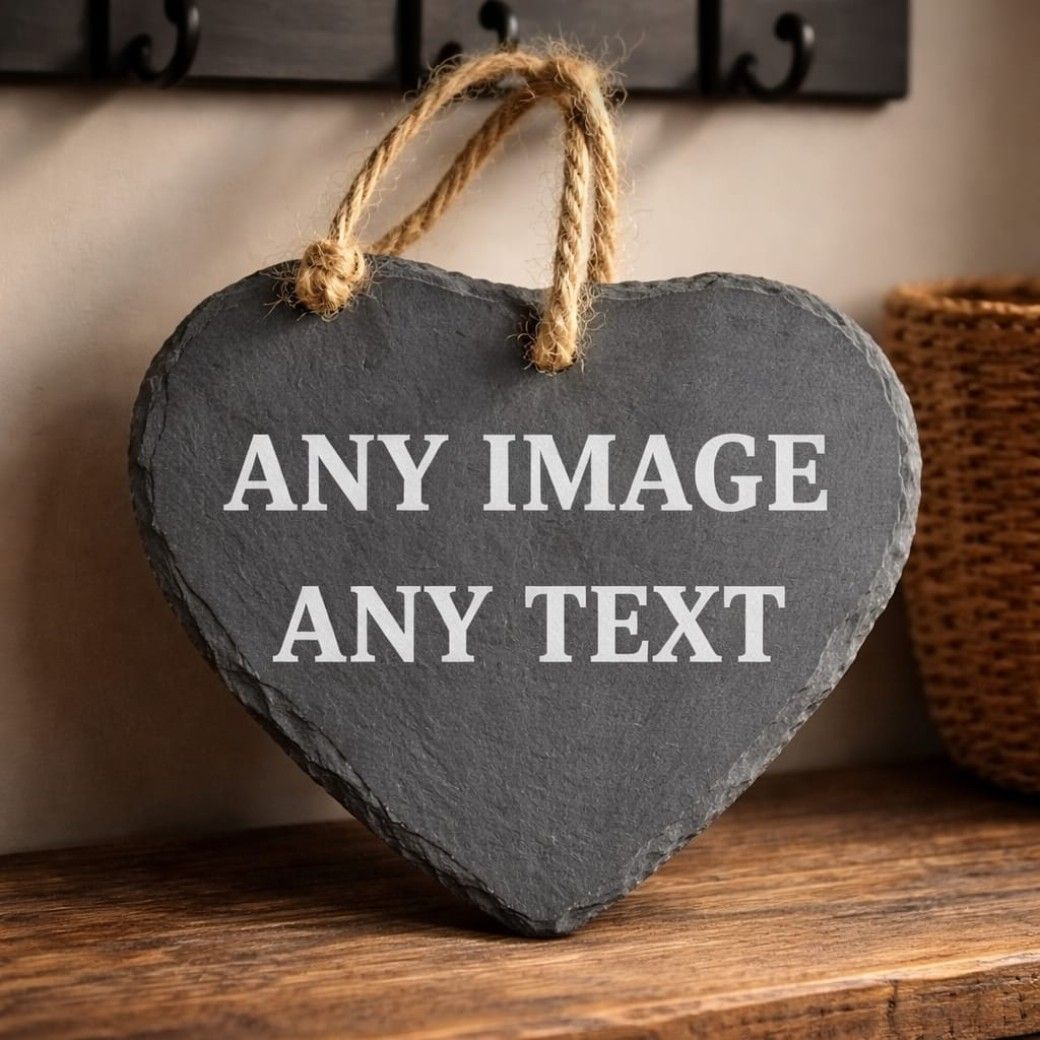 Personalised hanging heart slate engraved with custom photo and text made from natural Welsh slate with rustic rope.