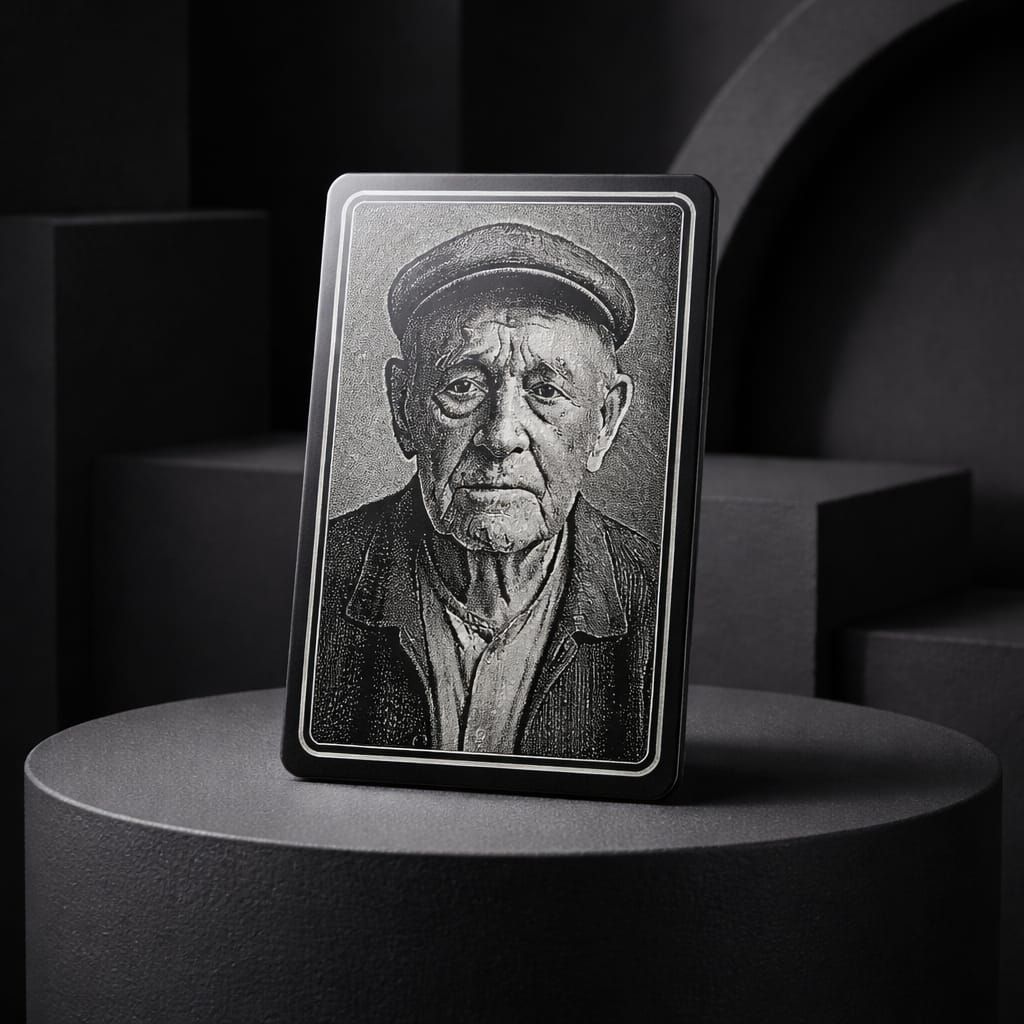 Anodized aluminium wallet card with engraved portrait photo and first name for secure identification