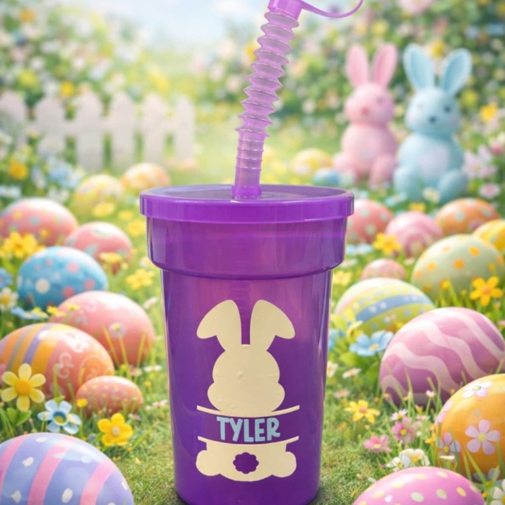Personalised purple plastic children's Easter tumbler cup with a swirly straw, featuring a white vinyl Easter bunny rabbit