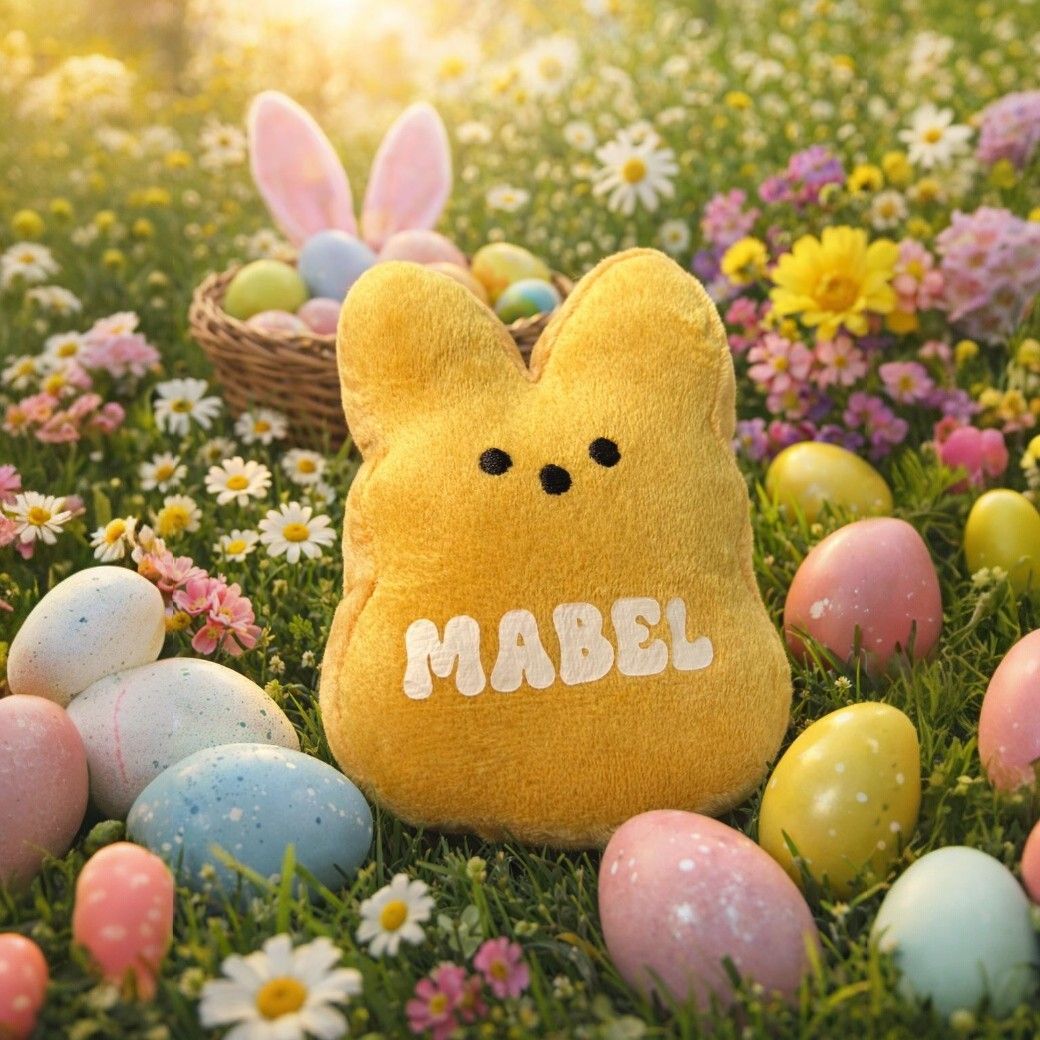 Soft yellow Easter bunny plush toy personalised with the name Mabel, sitting on grass amongst pastel Easter eggs and daisies 