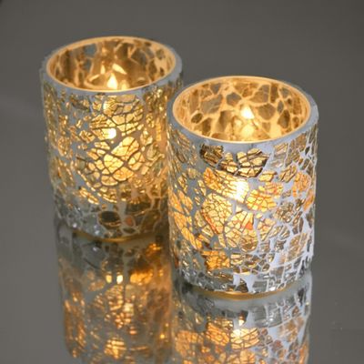 Twee stuks waxinehouder mozaïek - broken glass met parelmoer glans - transparant