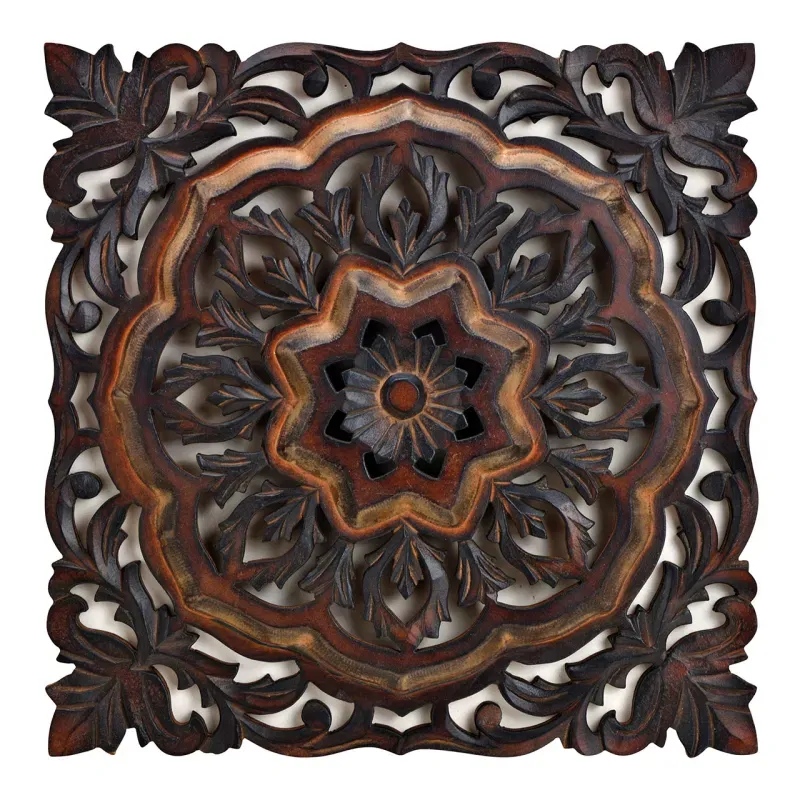 lotus mandala wandpaneel mangohout - donker - 40x40 cm