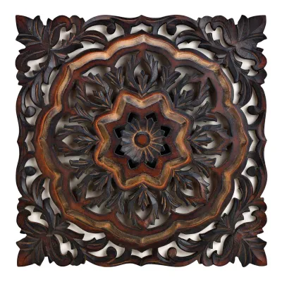 lotus mandala wandpaneel mangohout - donker - 40x40 cm
