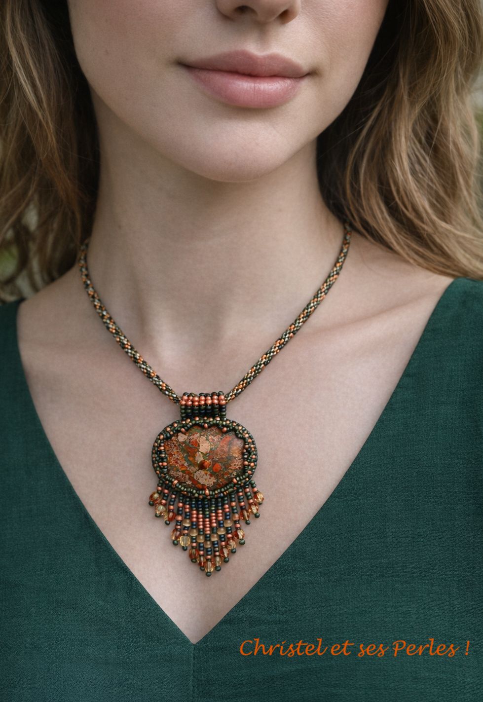 Pendentif Pierre reconstituée orange kaki Pendentif Pierre reconstituée orange kaki