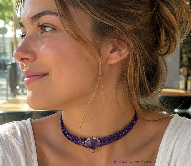 Collier ras de cou femme en macramé et Pierre fine naturelle en Améthyste Collier ras de cou femme en macramé et Pierre fine naturelle en Améthyste