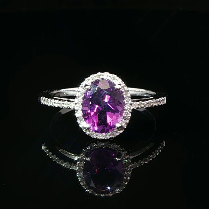 14K White Gold Large Oval Amethyst and Diamond Halo Ring