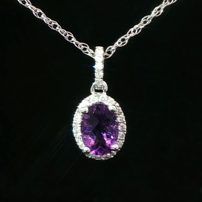 14K White Gold Oval Amethyst and Diamond Halo Pendant