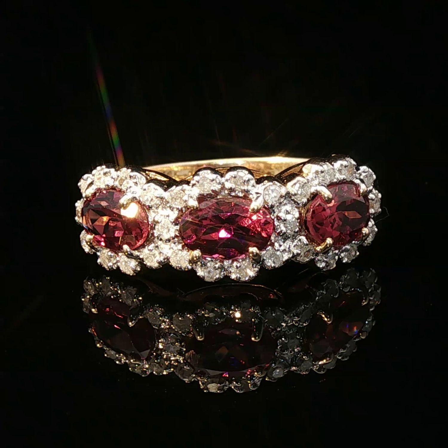 14K Yellow Gold 3 Oval Pink Tourmalines and Diamond Ring 14K Yellow Gold 3 Oval Pink Tourmalines and Diamond Ring