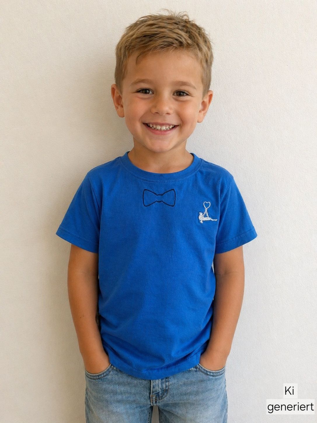 Kinder Gilde T-Shirt blau, bestickt mit Herz Papagoy & Fliege, Junge- StickBina