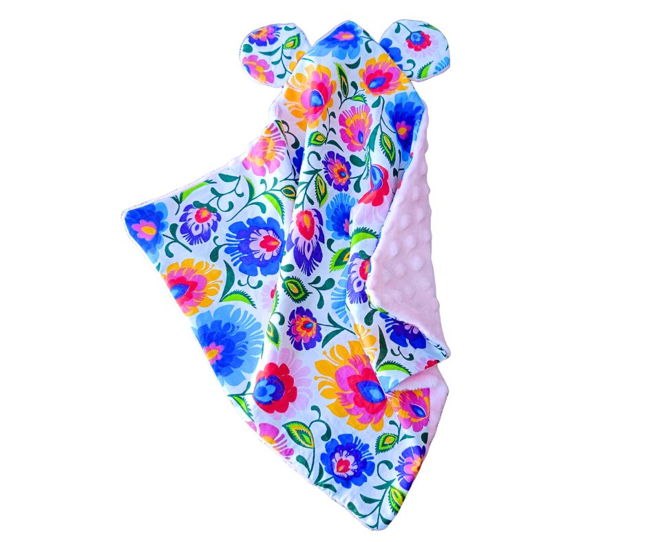 Przytulanka szmatka uspokajacz uszka misia bawełna plusz Kwiaty Folk Różowa