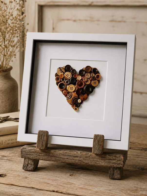 Handmade Button Heart Art: Natural Shades, Textured 3D Design includes postage Handmade Button Heart Art: Natural Shades, Textured 3D Design includes postage