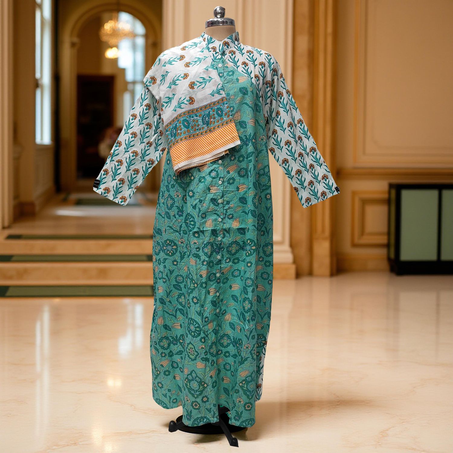 2XL-3XL Honey Printed Cotton Dress 57" Long Jalabiya With Sheila