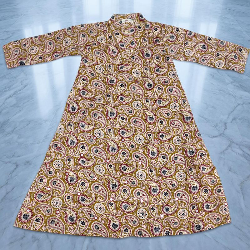 6-7 Year Teena Printed Mirror Work Cotton Girls Dress 37" Long Jalabiya