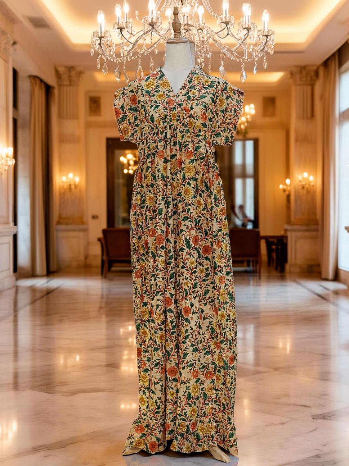 L/XL Amani Printed Cotton Dress 57" Short Sleeves Jalabiya