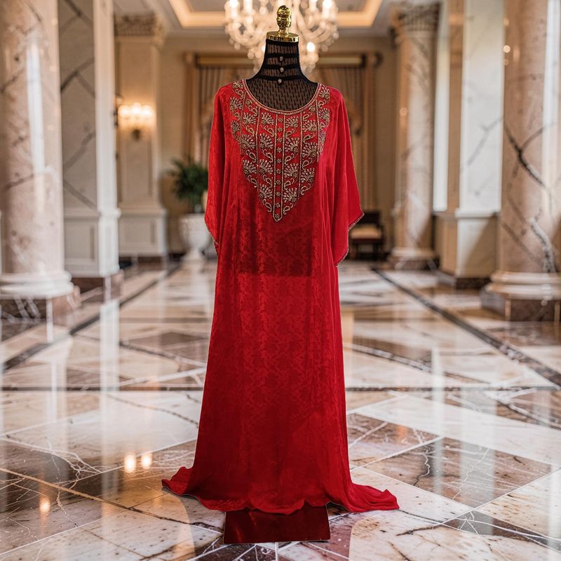 Free Size Silky Farasha Printed Hand Work Crystal 60" Long Jalabiya