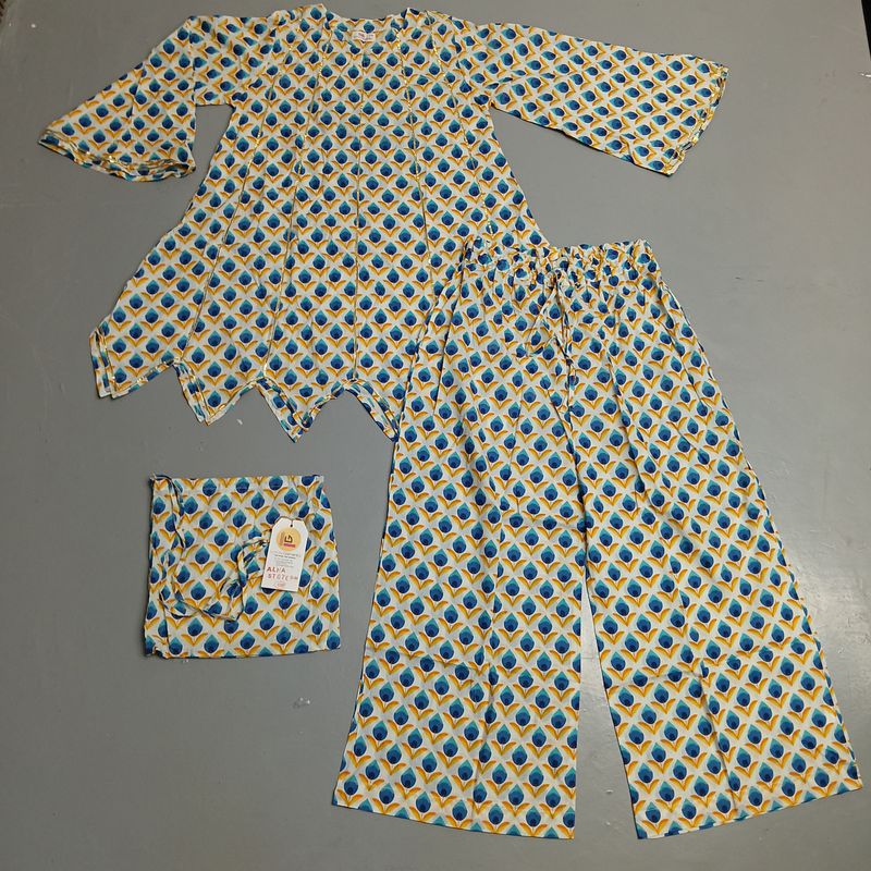 L-XL Full Sleeves Round Neck Cotton Kurti Pajamas Set