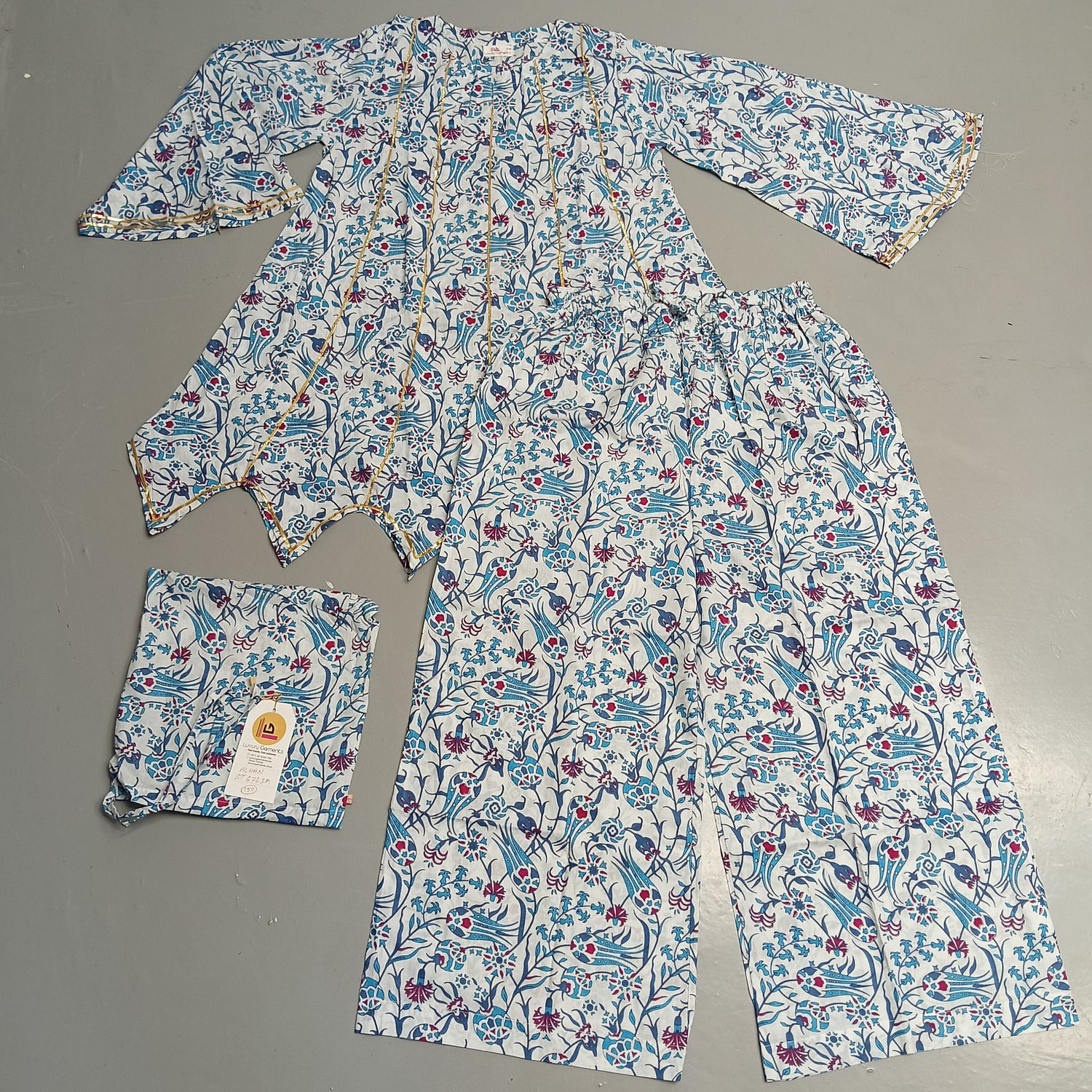 S/M Full Sleeves Round Neck Cotton Kurti Pajamas Set