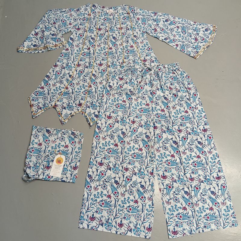 S/M Full Sleeves Round Neck Cotton Kurti Pajamas Set