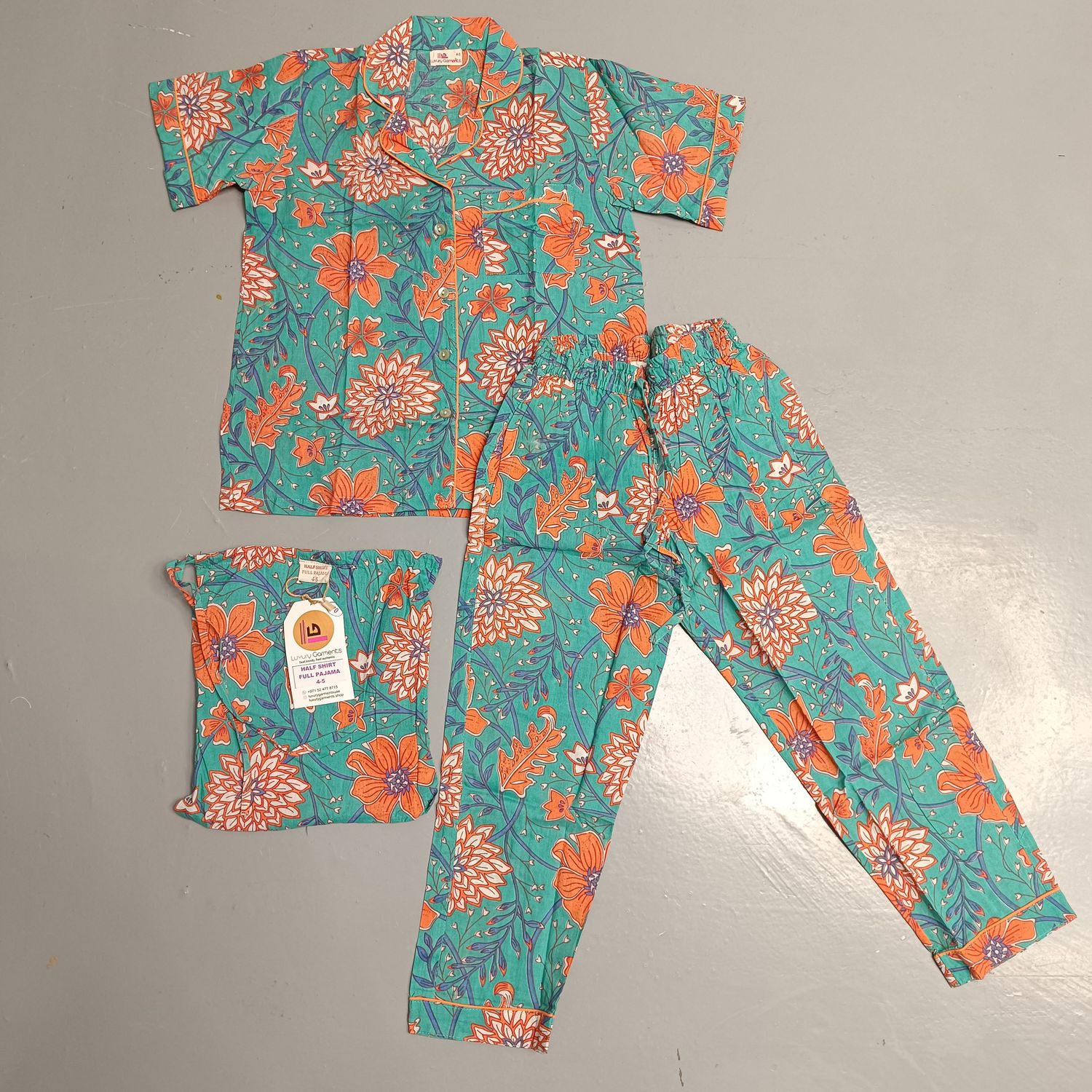8-9 Year Cotton Half Sleeves Shirt Collar Neck Full Pajama Set
