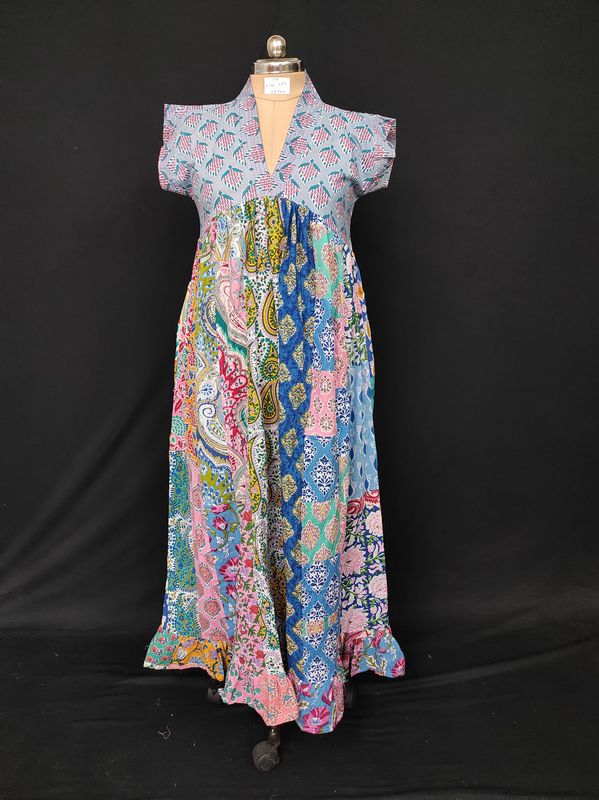 S-M Amani Patch Work Printed Cotton Dress 57" Short Sleeves Jalabiya JP