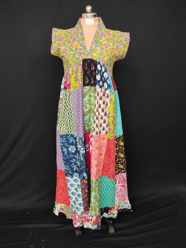 S-M Amani Patch Work Printed Cotton Dress 57" Short Sleeves Jalabiya JP
