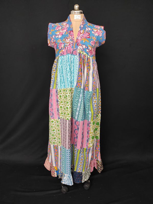 S-M Amani Patch Work Printed Cotton Dress 57" Short Sleeves Jalabiya JP