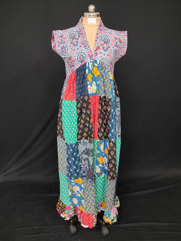 S-M Amani Patch Work Printed Cotton Dress 57" Short Sleeves Jalabiya JP