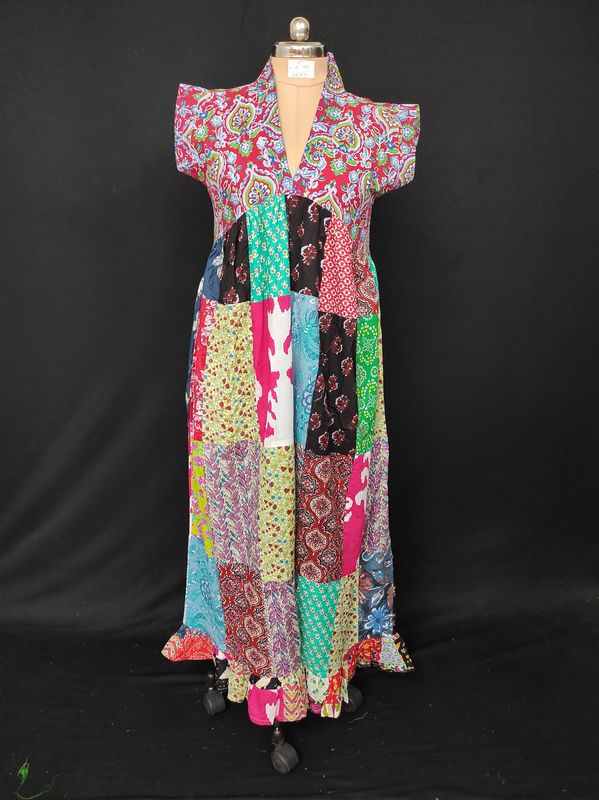 S-M Amani Patch Work Printed Cotton Dress 57" Short Sleeves Jalabiya JP